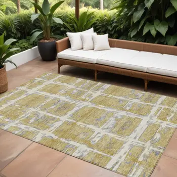 8' X 10' Gold Beige And Gray Striped Washable Indoor Outdoor Area Rug