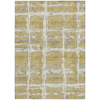 10' X 14' Gold Beige And Gray Striped Washable Indoor Outdoor Area Rug