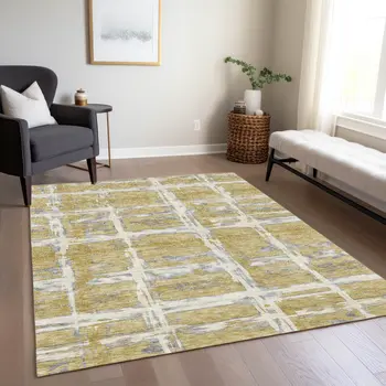 10' X 14' Gold Beige And Gray Striped Washable Indoor Outdoor Area Rug