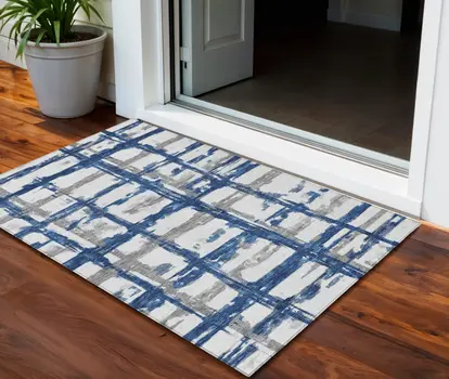 3' X 5' Navy Blue Gray And Silver Striped Washable Indoor Outdoor Area Rug