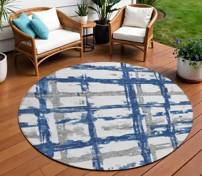 8' Navy Blue Gray And Silver Round Striped Washable Indoor Outdoor Area Rug