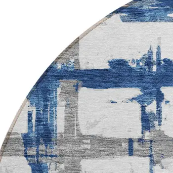 8' Navy Blue Gray And Silver Round Striped Washable Indoor Outdoor Area Rug