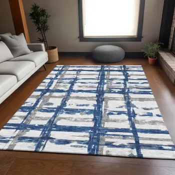 8' X 10' Navy Blue Gray And Silver Striped Washable Indoor Outdoor Area Rug