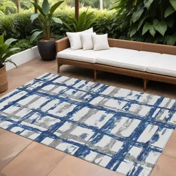 9' X 12' Navy Blue Gray And Silver Striped Washable Indoor Outdoor Area Rug