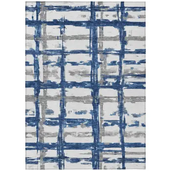 9' X 12' Navy Blue Gray And Silver Striped Washable Indoor Outdoor Area Rug