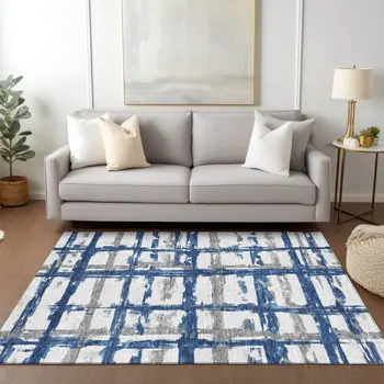 9' X 12' Navy Blue Gray And Silver Striped Washable Indoor Outdoor Area Rug