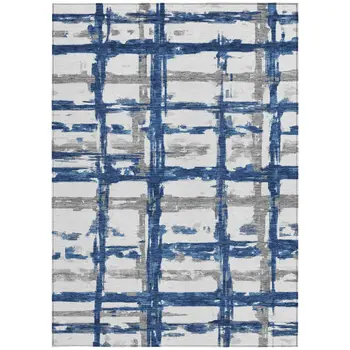 10' X 14' Navy Blue Gray And Silver Striped Washable Indoor Outdoor Area Rug