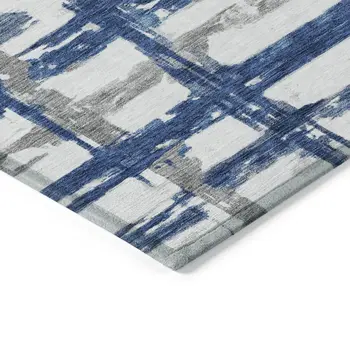10' X 14' Navy Blue Gray And Silver Striped Washable Indoor Outdoor Area Rug