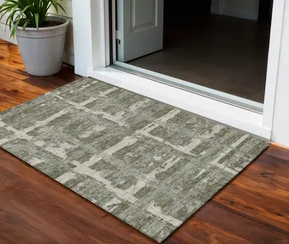 3' X 5' Olive Green Gray And Beige Striped Washable Indoor Outdoor Area Rug