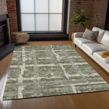 3' X 5' Olive Green Gray And Beige Striped Washable Indoor Outdoor Area Rug