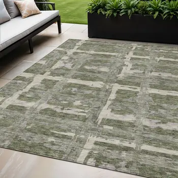 5' X 8' Olive Green Gray And Beige Striped Washable Indoor Outdoor Area Rug