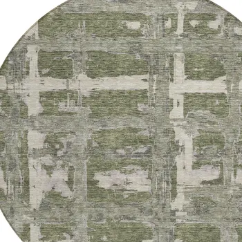 8' Olive Green Gray And Beige Round Striped Washable Indoor Outdoor Area Rug