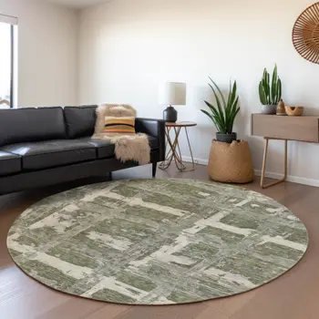 8' Olive Green Gray And Beige Round Striped Washable Indoor Outdoor Area Rug