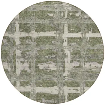 8' Olive Green Gray And Beige Round Striped Washable Indoor Outdoor Area Rug