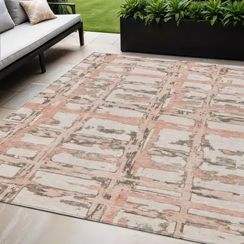 5' X 8' Pink Beige And Taupe Striped Washable Indoor Outdoor Area Rug
