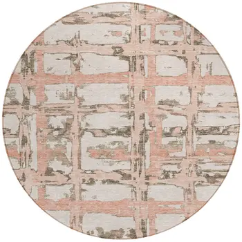 8' Pink Beige And Taupe Round Striped Washable Indoor Outdoor Area Rug
