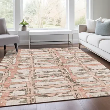 9' X 12' Pink Beige And Taupe Striped Washable Indoor Outdoor Area Rug