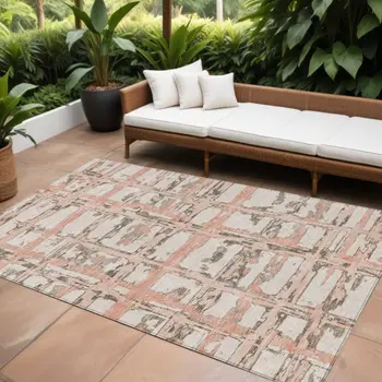 10' X 14' Pink Beige And Taupe Striped Washable Indoor Outdoor Area Rug