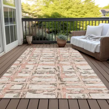 10' X 14' Pink Beige And Taupe Striped Washable Indoor Outdoor Area Rug