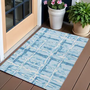 3' X 5' Sky Blue Denim Blue And Ivory Striped Washable Indoor Outdoor Area Rug