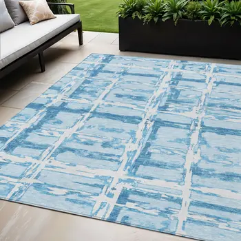 5' X 8' Sky Blue Denim Blue And Ivory Striped Washable Indoor Outdoor Area Rug