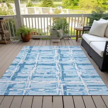 5' X 8' Sky Blue Denim Blue And Ivory Striped Washable Indoor Outdoor Area Rug