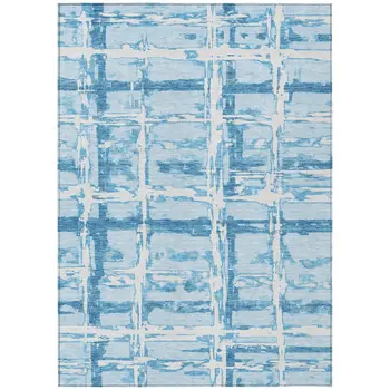 5' X 8' Sky Blue Denim Blue And Ivory Striped Washable Indoor Outdoor Area Rug