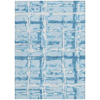 5' X 8' Sky Blue Denim Blue And Ivory Striped Washable Indoor Outdoor Area Rug