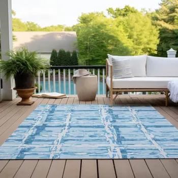 5' X 8' Sky Blue Denim Blue And Ivory Striped Washable Indoor Outdoor Area Rug