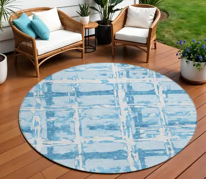8' Sky Blue Denim Blue And Ivory Round Striped Washable Indoor Outdoor Area Rug