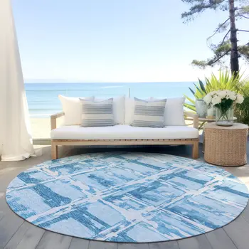 8' Sky Blue Denim Blue And Ivory Round Striped Washable Indoor Outdoor Area Rug