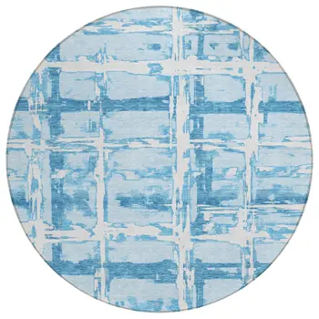 8' Sky Blue Denim Blue And Ivory Round Striped Washable Indoor Outdoor Area Rug