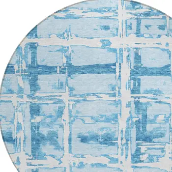 8' Sky Blue Denim Blue And Ivory Round Striped Washable Indoor Outdoor Area Rug