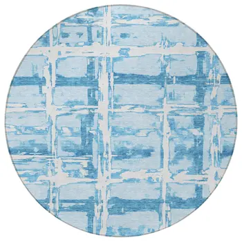 8' Sky Blue Denim Blue And Ivory Round Striped Washable Indoor Outdoor Area Rug