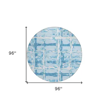 8' Sky Blue Denim Blue And Ivory Round Striped Washable Indoor Outdoor Area Rug