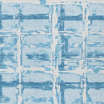 8' X 10' Sky Blue Denim Blue And Ivory Striped Washable Indoor Outdoor Area Rug