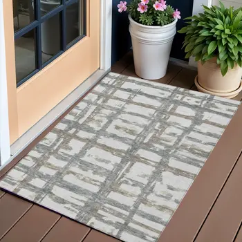 3' X 5' Silver Taupe And Gray Striped Washable Indoor Outdoor Area Rug