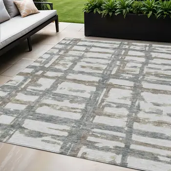 5' X 8' Silver Taupe And Gray Striped Washable Indoor Outdoor Area Rug