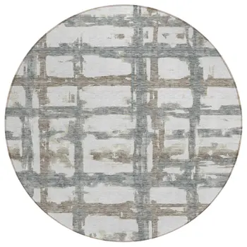 8' Silver Taupe And Gray Round Striped Washable Indoor Outdoor Area Rug