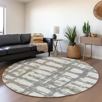 8' Silver Taupe And Gray Round Striped Washable Indoor Outdoor Area Rug