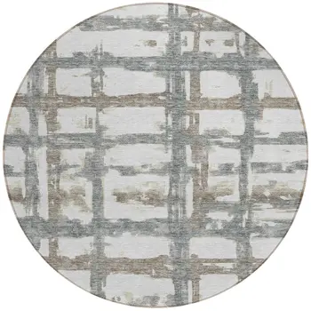 8' Silver Taupe And Gray Round Striped Washable Indoor Outdoor Area Rug