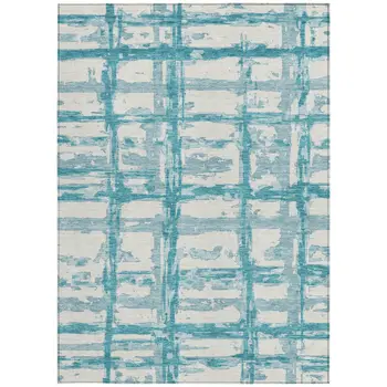 3' X 5' Teal Blue Aqua And Ivory Striped Washable Indoor Outdoor Area Rug