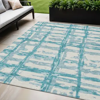 5' X 8' Teal Blue Aqua And Ivory Striped Washable Indoor Outdoor Area Rug