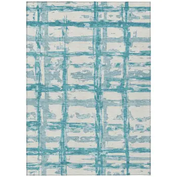 5' X 8' Teal Blue Aqua And Ivory Striped Washable Indoor Outdoor Area Rug