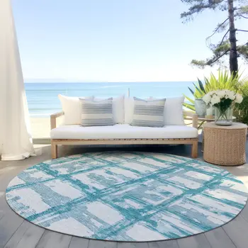 8' Teal Blue Aqua And Ivory Round Striped Washable Indoor Outdoor Area Rug