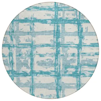 8' Teal Blue Aqua And Ivory Round Striped Washable Indoor Outdoor Area Rug