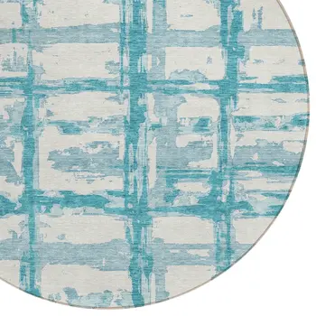 8' Teal Blue Aqua And Ivory Round Striped Washable Indoor Outdoor Area Rug