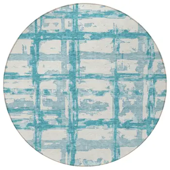 8' Teal Blue Aqua And Ivory Round Striped Washable Indoor Outdoor Area Rug