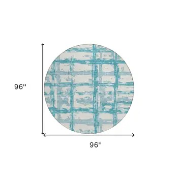 8' Teal Blue Aqua And Ivory Round Striped Washable Indoor Outdoor Area Rug