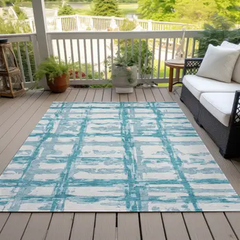 8' X 10' Teal Blue Aqua And Ivory Striped Washable Indoor Outdoor Area Rug